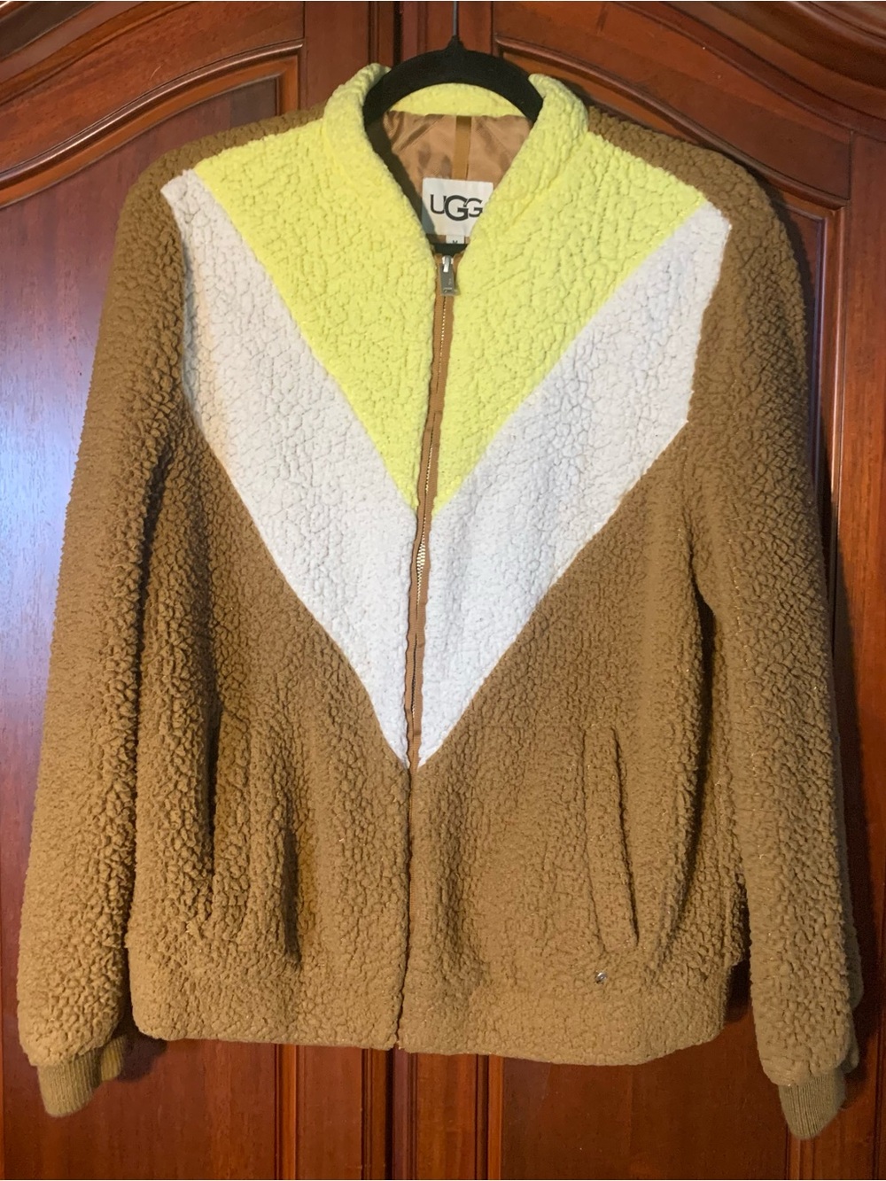 UGG Colorblock Teddy Jacket in Brown, White & Yellow